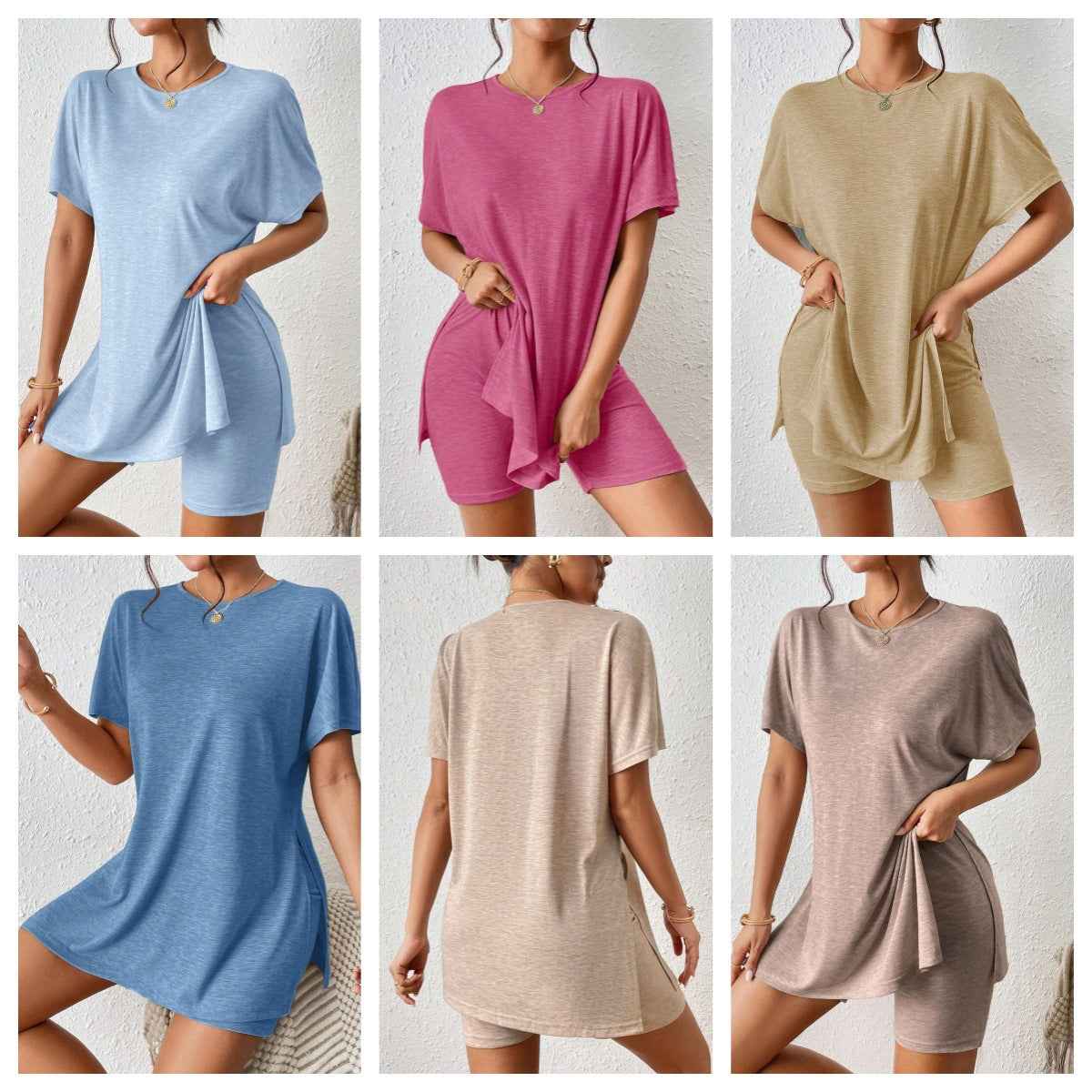 Women's Casual Solid Color Batwing Sleeve Tunic Top & Shorts Two-Piece Set-3