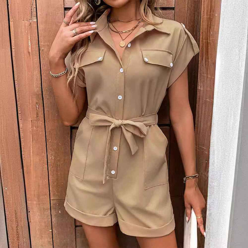 Women's Summer High-Waist Lapel Jumpsuit with Tie and Pockets-3