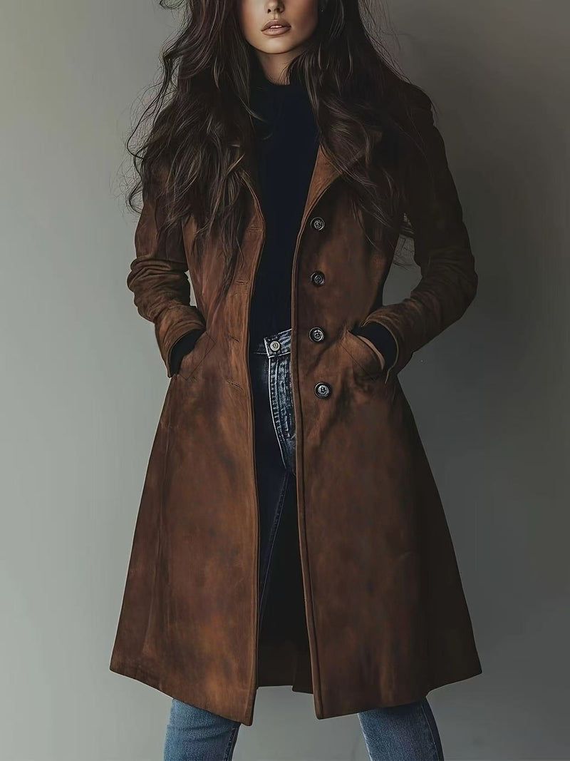 Women’s Suede Lapel Trench Coat – Mid-Length Fall & Winter Belted Jacket-8