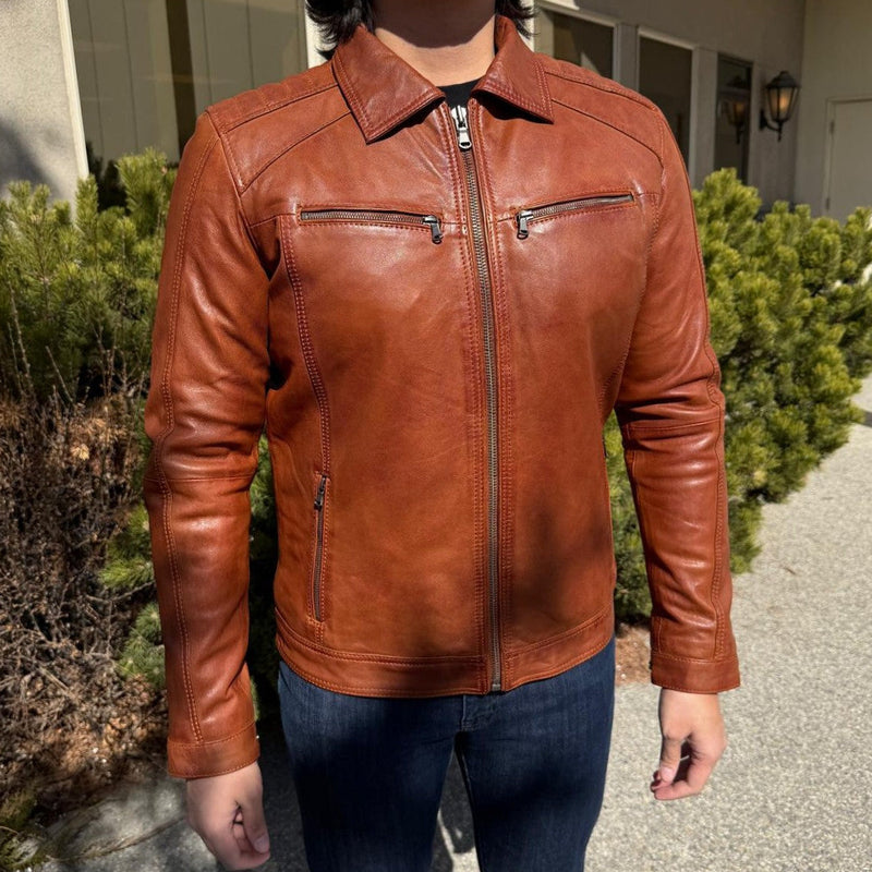 BOL Men’s Zip Pocket Leather Jacket. Sheep Leather Jacket with Fold-Down Collar-11