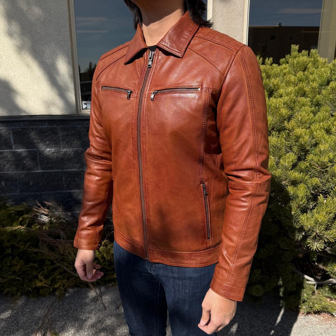 BOL Men’s Zip Pocket Leather Jacket. Sheep Leather Jacket with Fold-Down Collar-3