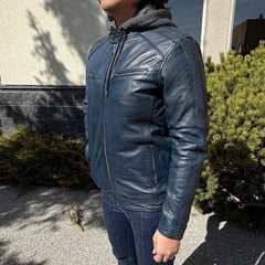 Men’s Hooded Leather Jacket. Sheep Leather Jacket with Removable Hood-3