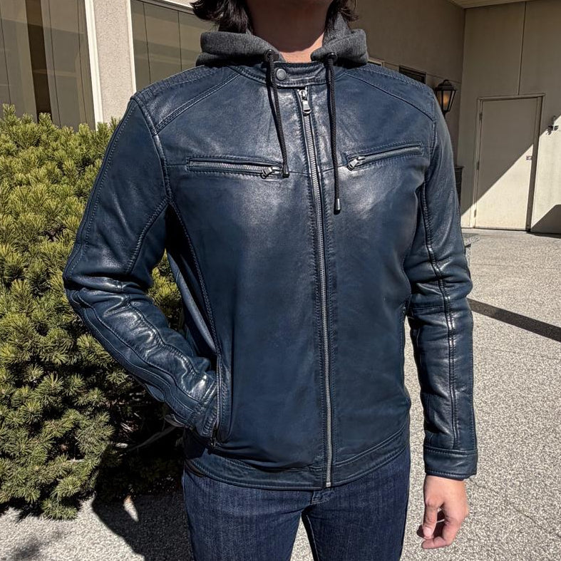 Men’s Hooded Leather Jacket. Sheep Leather Jacket with Removable Hood-1