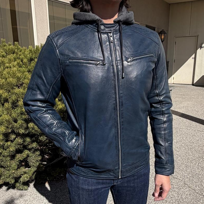 Men’s Hooded Leather Jacket. Sheep Leather Jacket with Removable Hood-4