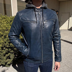 Men’s Hooded Leather Jacket. Sheep Leather Jacket with Removable Hood-4