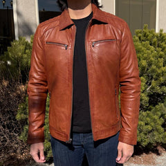 BOL Men’s Zip Pocket Leather Jacket. Sheep Leather Jacket with Fold-Down Collar-1