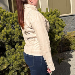 Women's Classic Sheep Leather Jacket. Standing Collar with Studs, 4 Zippered Pockets & Shoulder Accent Stitching-16