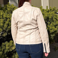 Women's Classic Sheep Leather Jacket. Standing Collar with Studs, 4 Zippered Pockets & Shoulder Accent Stitching-17