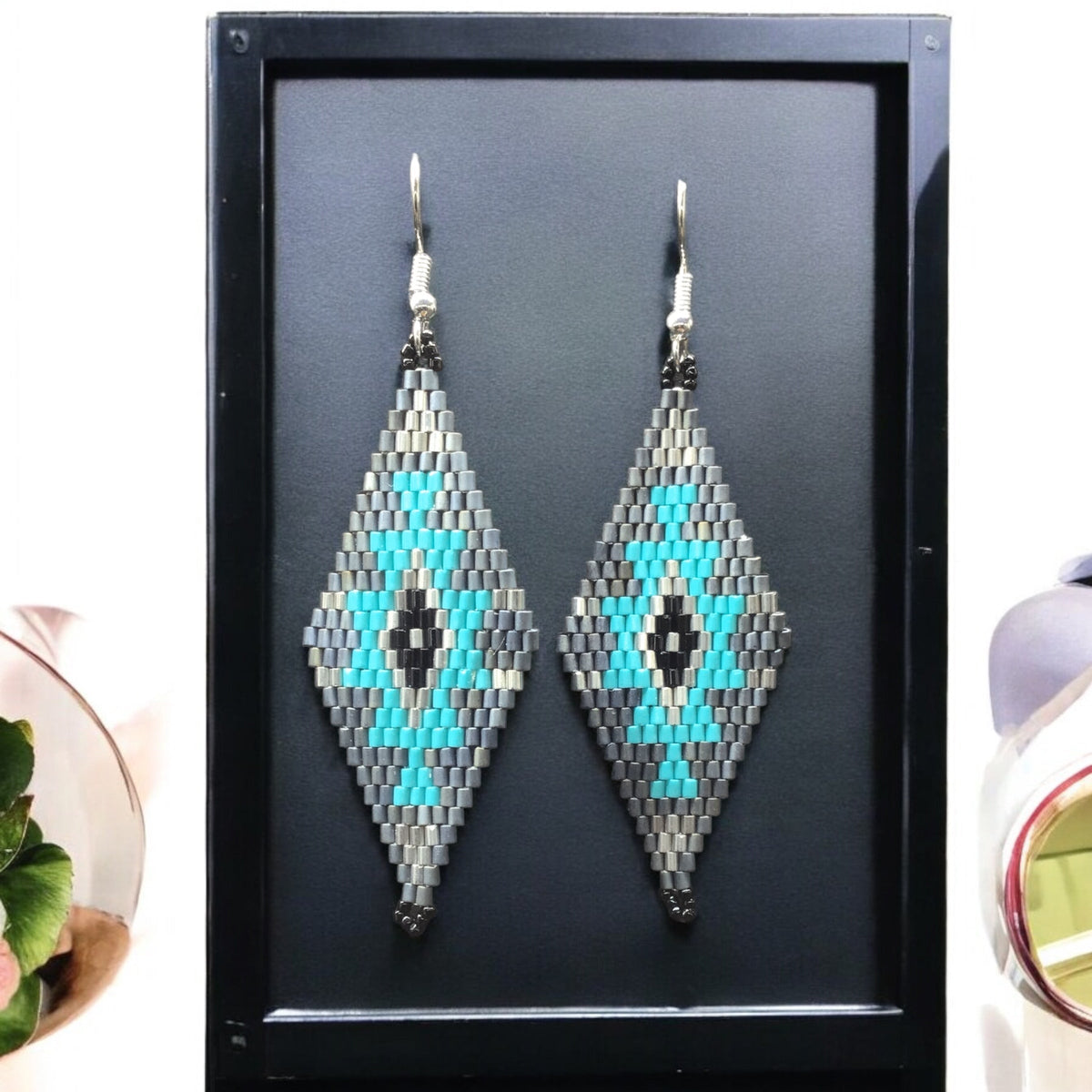 Grey and Turquoise Miyuki Glass Beaded Earrings-1