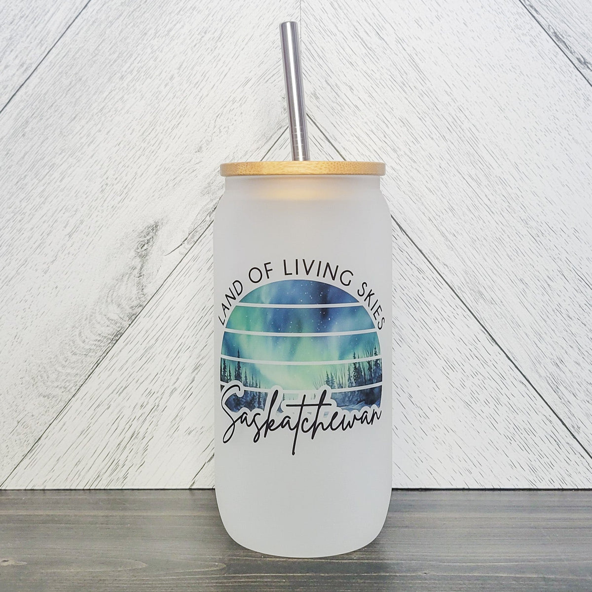 Can en verre Ciel des Prairies Aurores Boréales avec couvercle en bambou