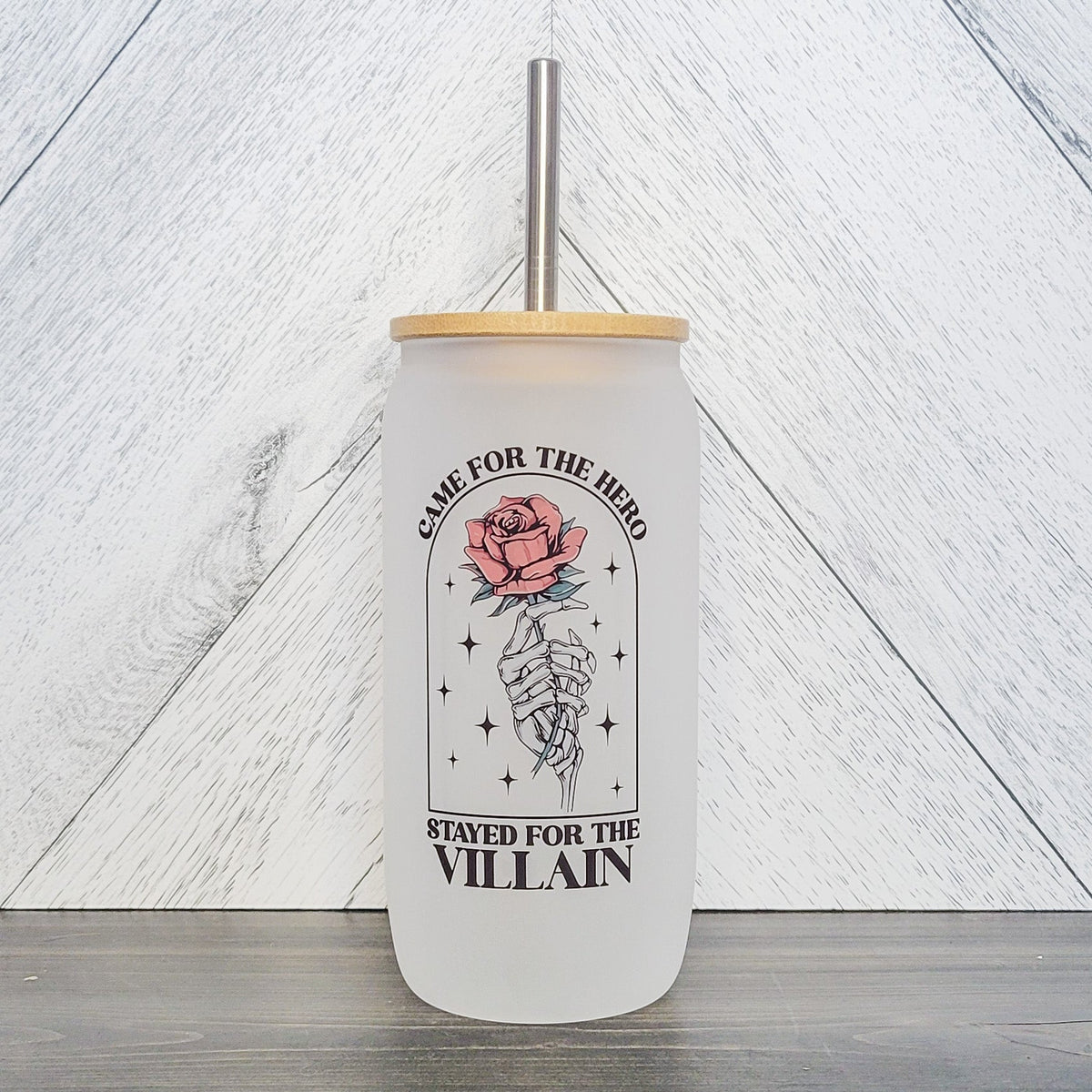 Came For The Hero, Stayed For The Villain Glass Can with Bamboo Lid-1