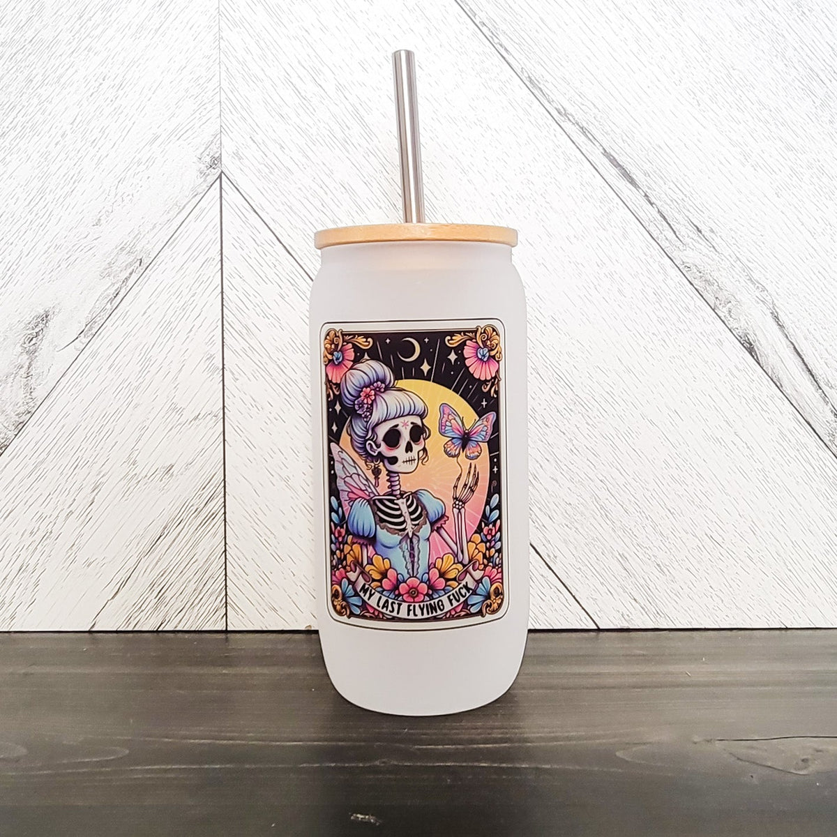 Vaso esmerilado "My Last Flying Fuck" con tapa de bambú | Vaso de cristal con diseño de carta de tarot