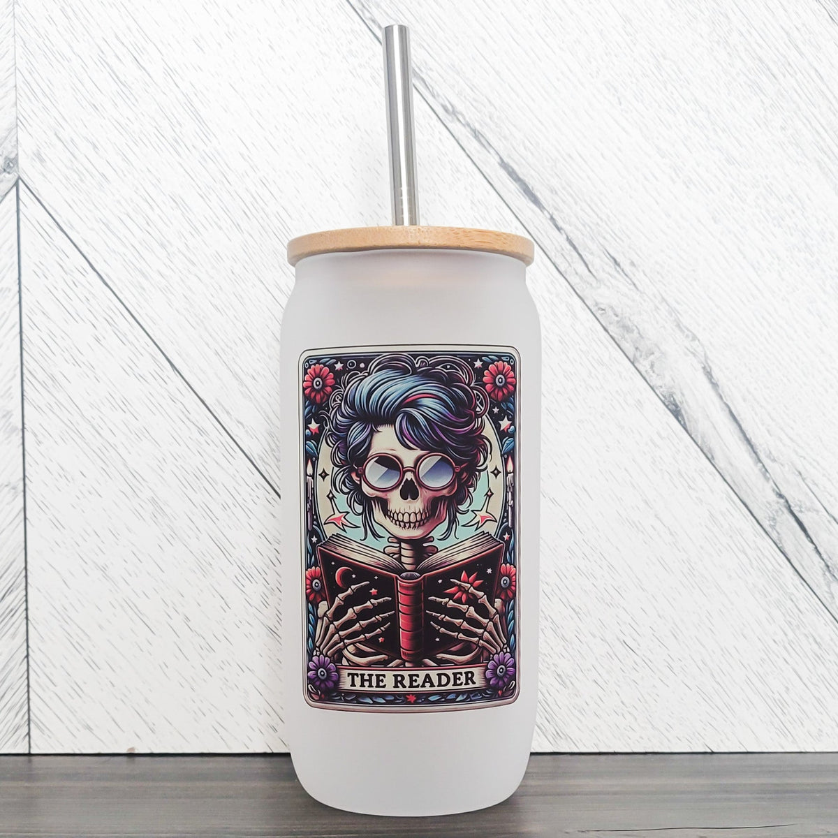 The Reader Frosted Can with Bamboo Lid | Tarot Card Glass Can-1