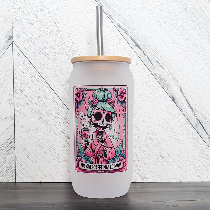 The Overcaffeinated Mom Frosted Can with Bamboo Lid | Tarot Card Glass Can-1