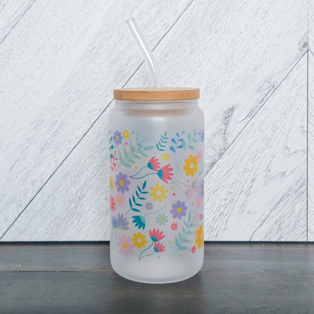 Summer Vibes Flower Frosted Can with Bamboo Lid-2