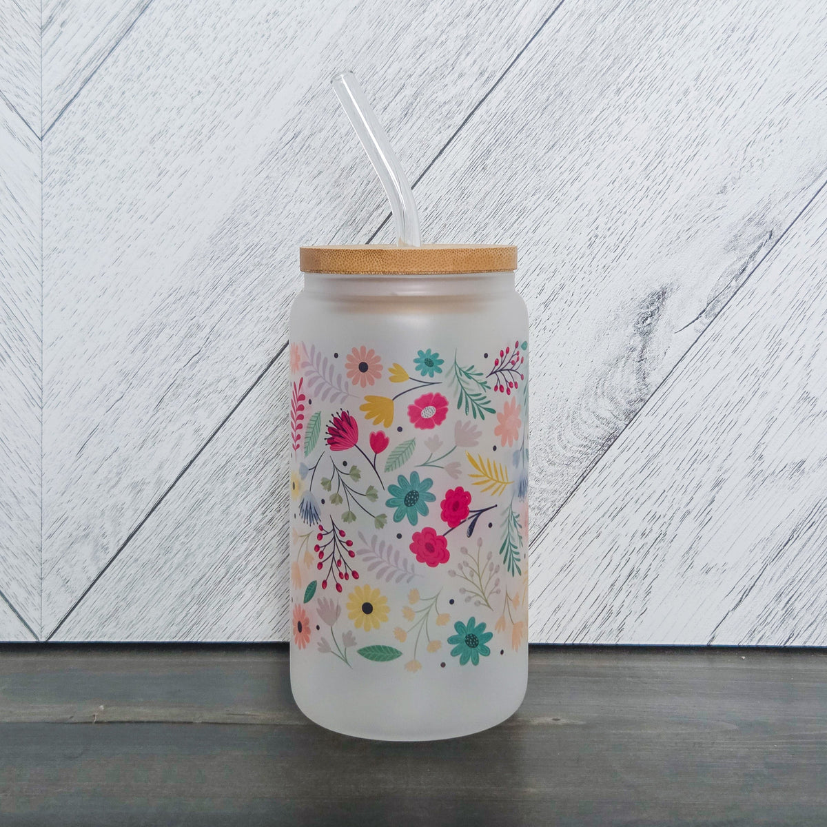 Spring Vibes Flower Frosted Can with Bamboo Lid-2