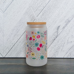 Spring Vibes Flower Frosted Can with Bamboo Lid-2