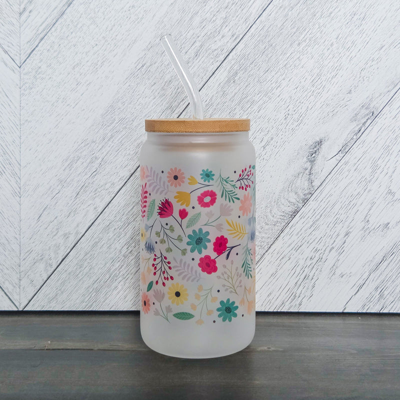 Spring Vibes Flower Frosted Can with Bamboo Lid-2