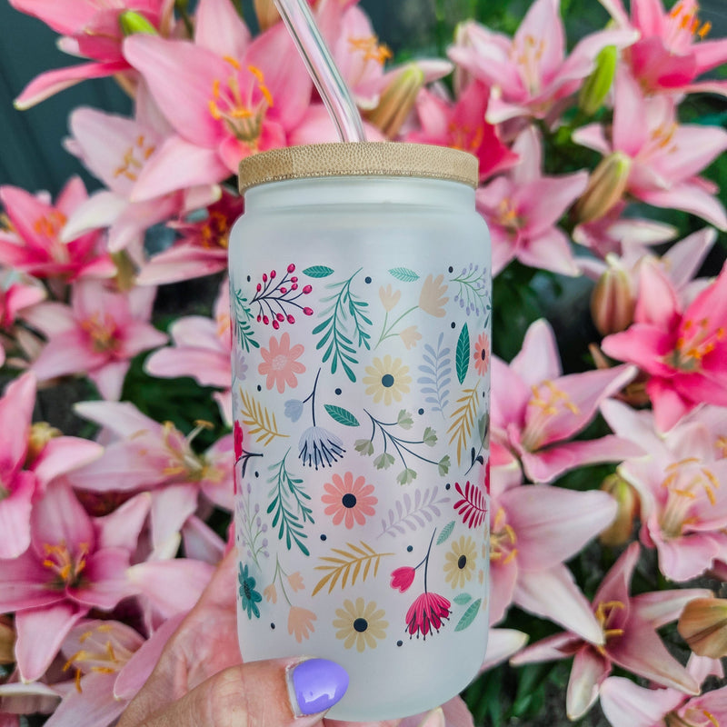Spring Vibes Flower Frosted Can with Bamboo Lid-1