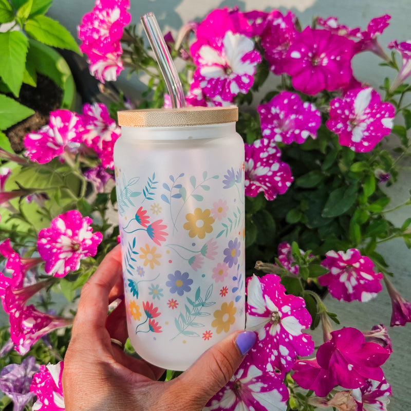 Summer Vibes Flower Frosted Can with Bamboo Lid-1