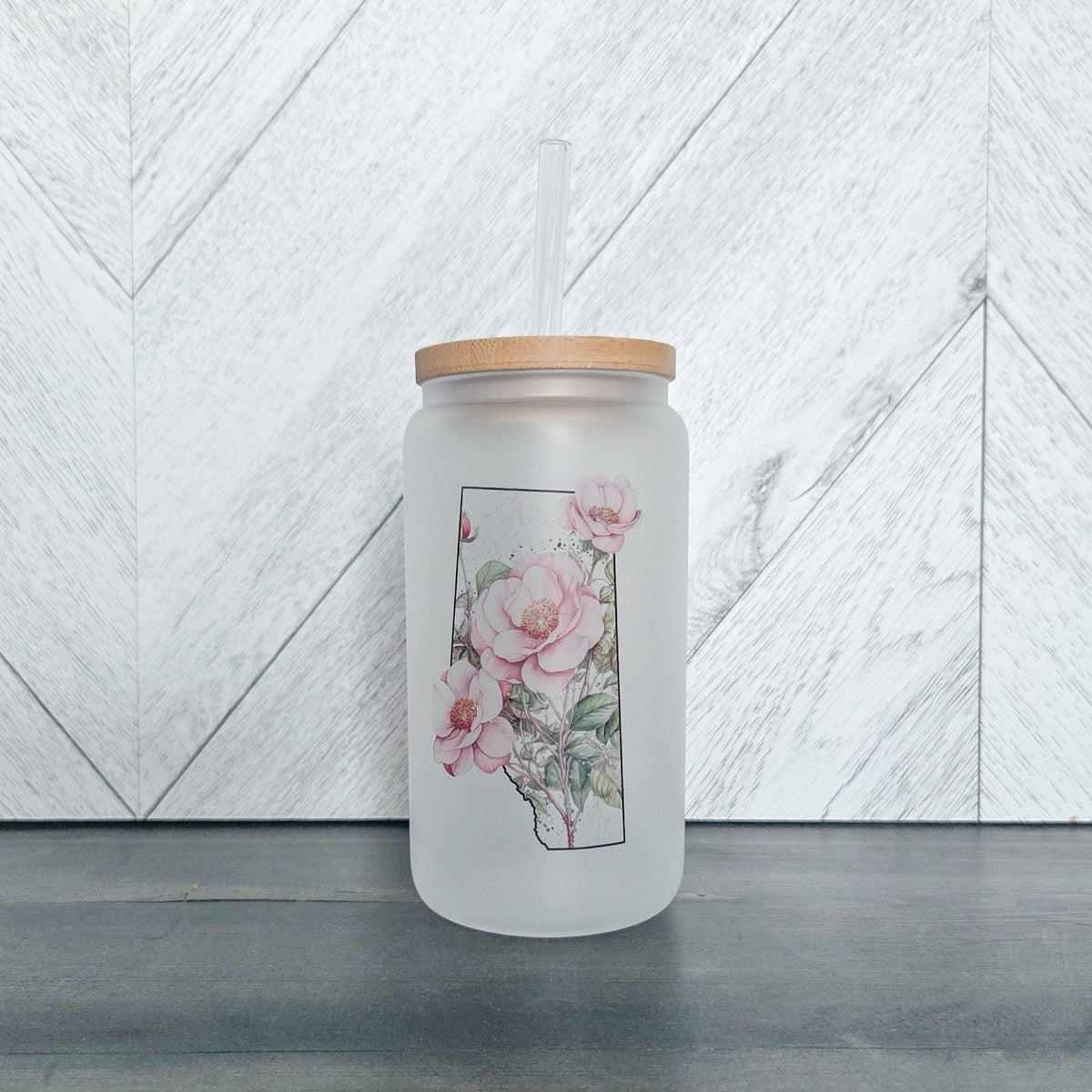 Wild Rose Province Frosted Glass Can with Bamboo Lid | Drink Cup-1