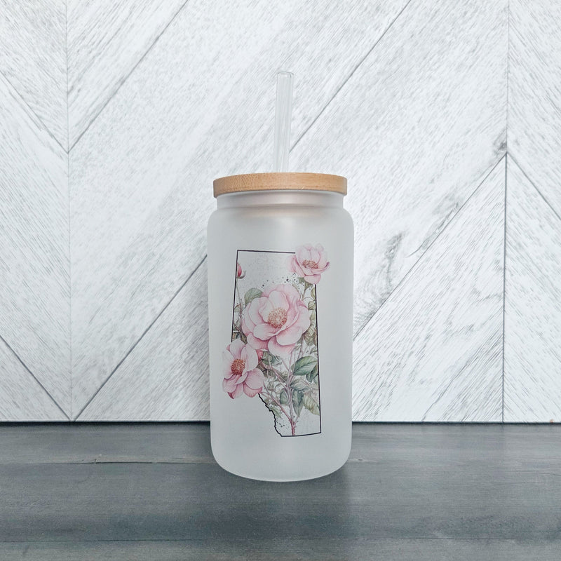 Wild Rose Province Frosted Glass Can with Bamboo Lid | Drink Cup-1
