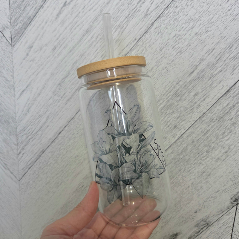 Lily Triangle Glass Can with Bamboo Lid  | Saskatchewan Drink Cup-1