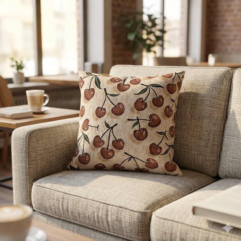 Cherry Pattern Woven Pillow — Rustic Farmhouse Decorative Throw Cushion-2