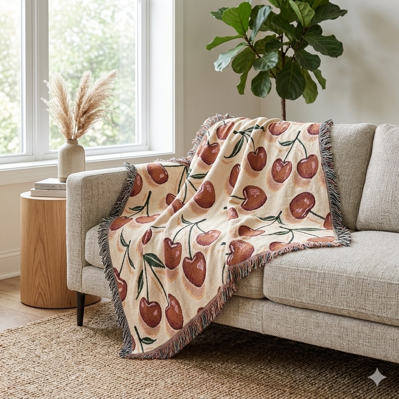 Cherry Pattern Woven Blanket — Retro Fruit Throw for Living Room & Bedroom-3