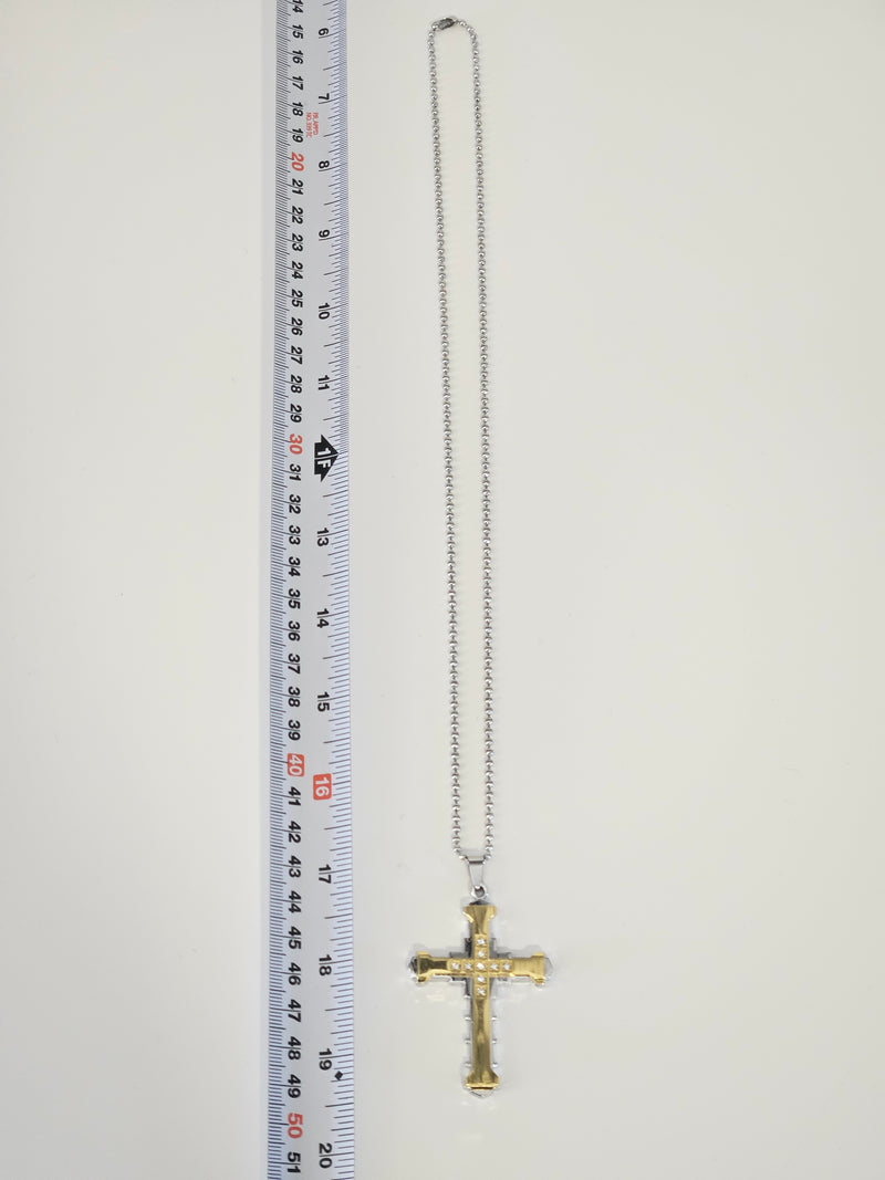 Two-Tone CZ Cross Pendant Necklace on Silver-Tone Chain-2