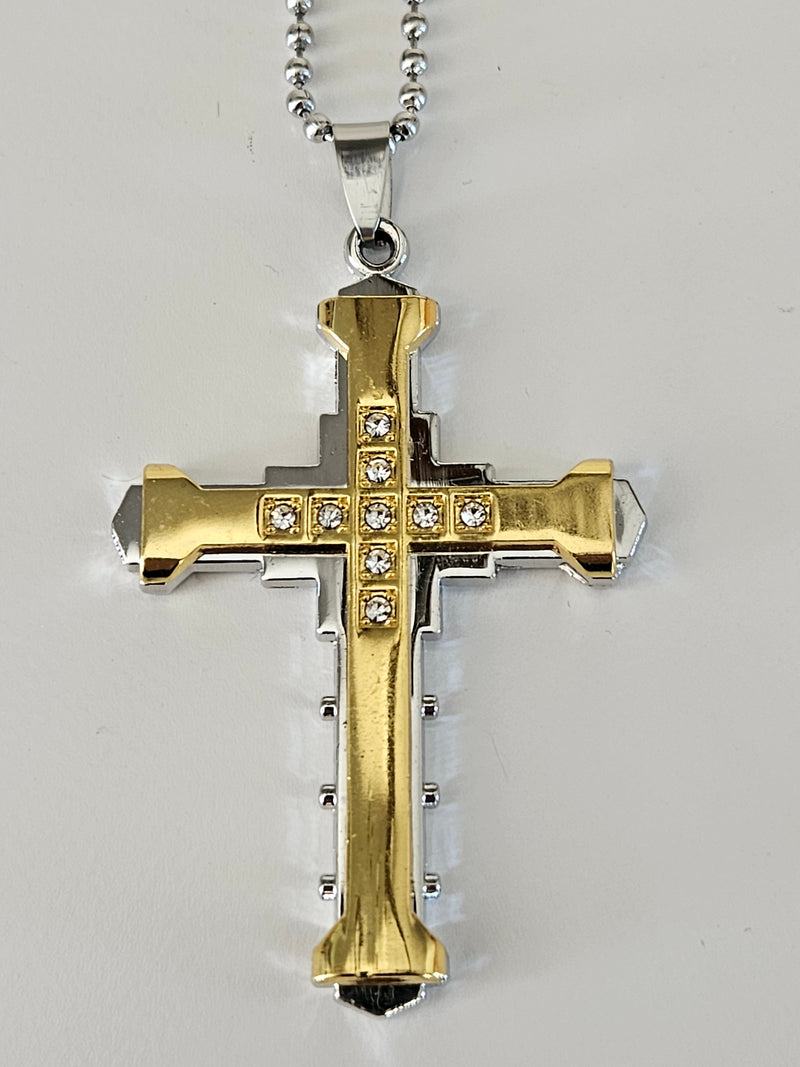 Two-Tone CZ Cross Pendant Necklace on Silver-Tone Chain-1