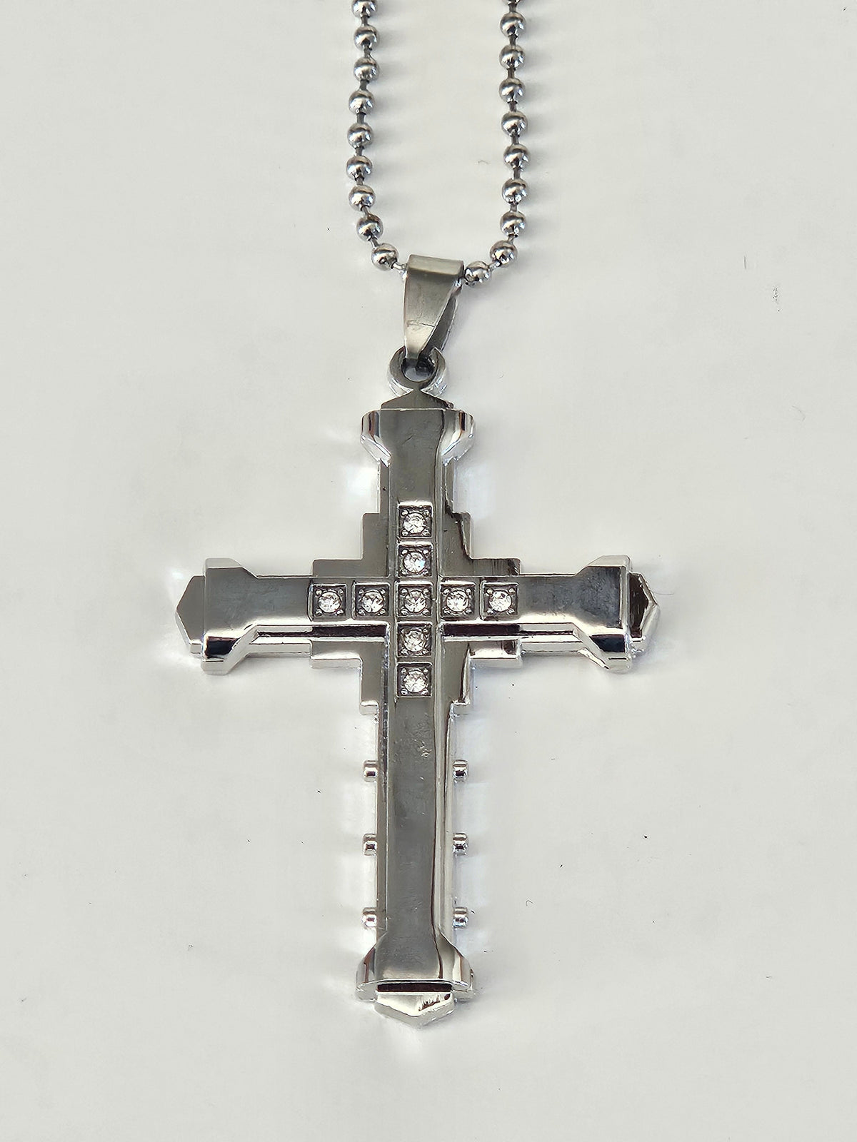 Silver-Tone CZ Cross Pendant Necklace on Silver-Tone Chain