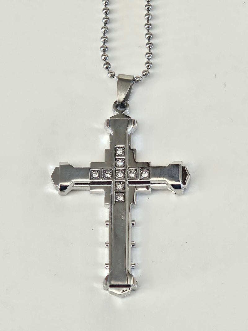 Silver-Tone CZ Cross Pendant Necklace on Silver-Tone Chain-1