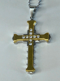 Two-Tone CZ Cross Pendant Necklace on Silver-Tone Chain-1