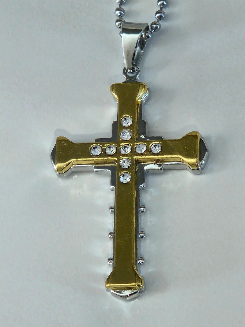 Two-Tone CZ Cross Pendant Necklace on Silver-Tone Chain-1