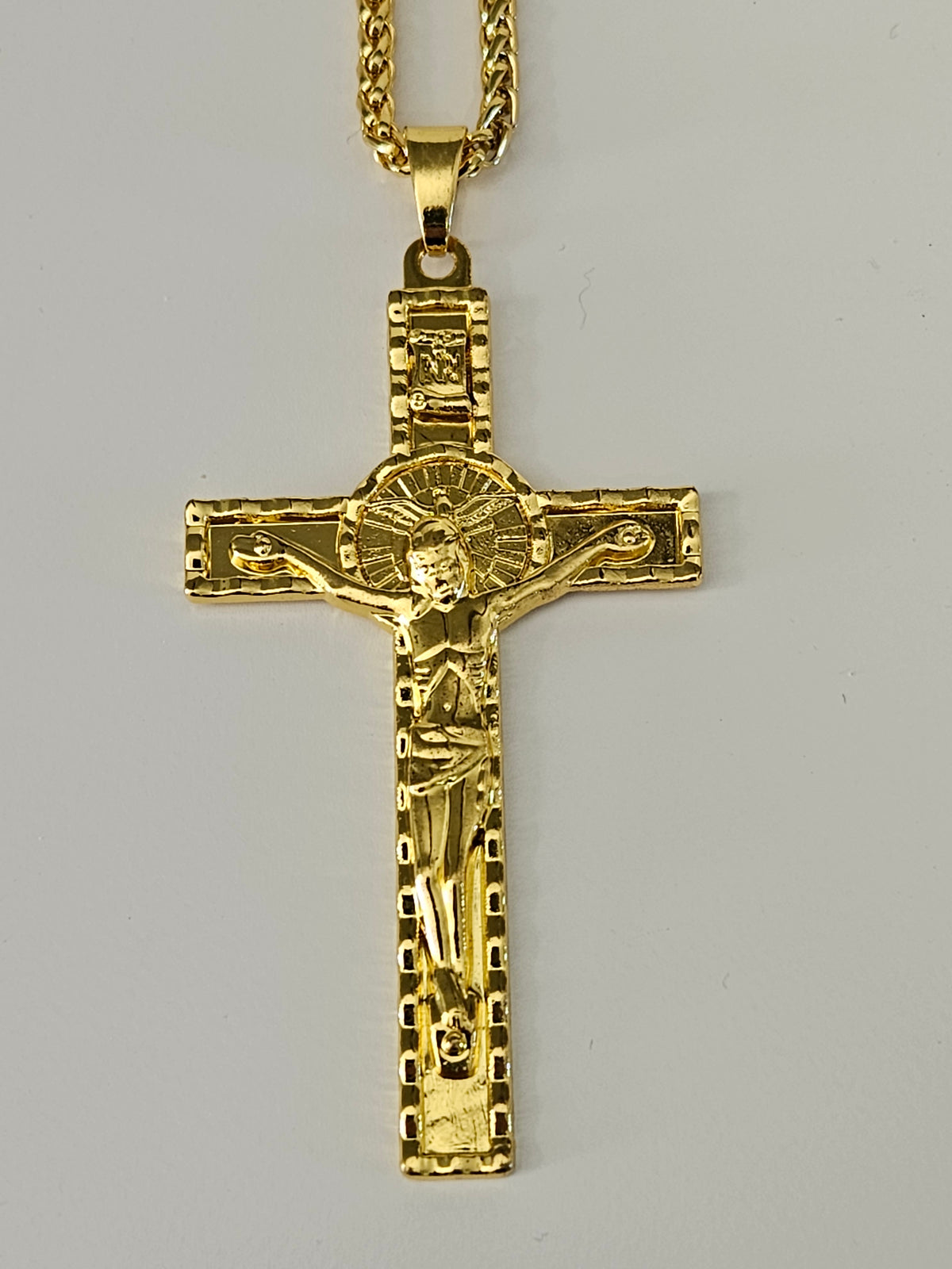 Gold-Tone Jesus Christ Crucifix Pendant Necklace with Sunburst Halo