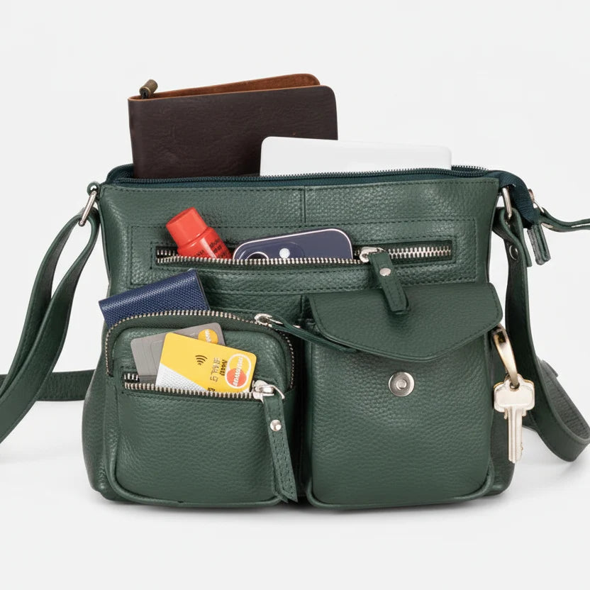 Greenwood Leather Multi-Pocket Crossbody Bag. Premium Pebbled Leather Handbag-9