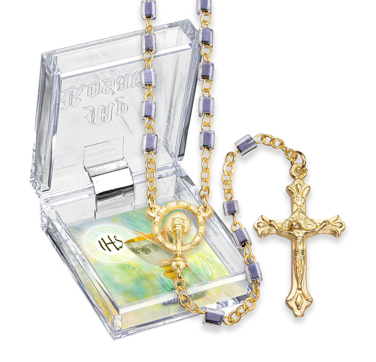 Black Cylindrical Bead Gold-Plated First Communion Rosary