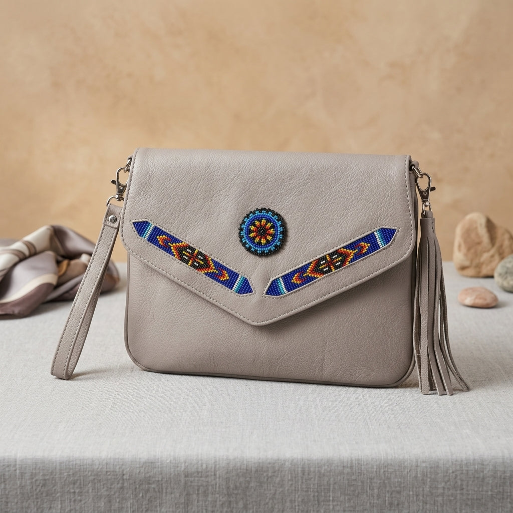 Leather beaded Crossbody bag(Beige)-3