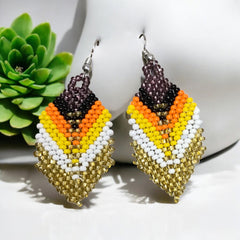 Gold and blackberry Beaded Feather Drop Earrings-2