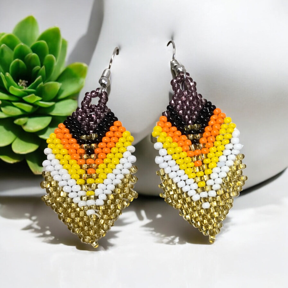 Gold and blackberry Beaded Feather Drop Earrings-2