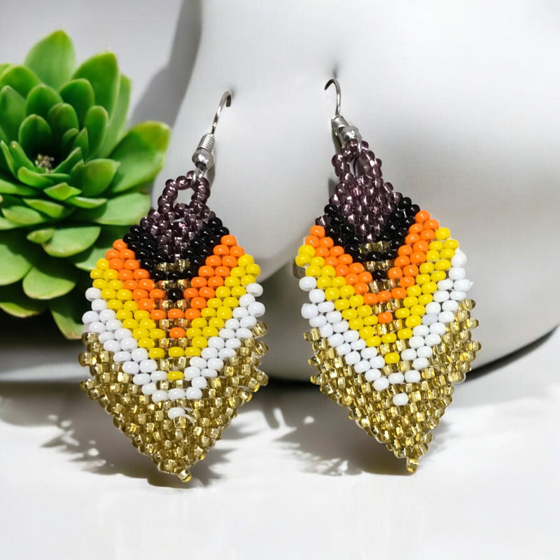 Gold and blackberry Beaded Feather Drop Earrings-2