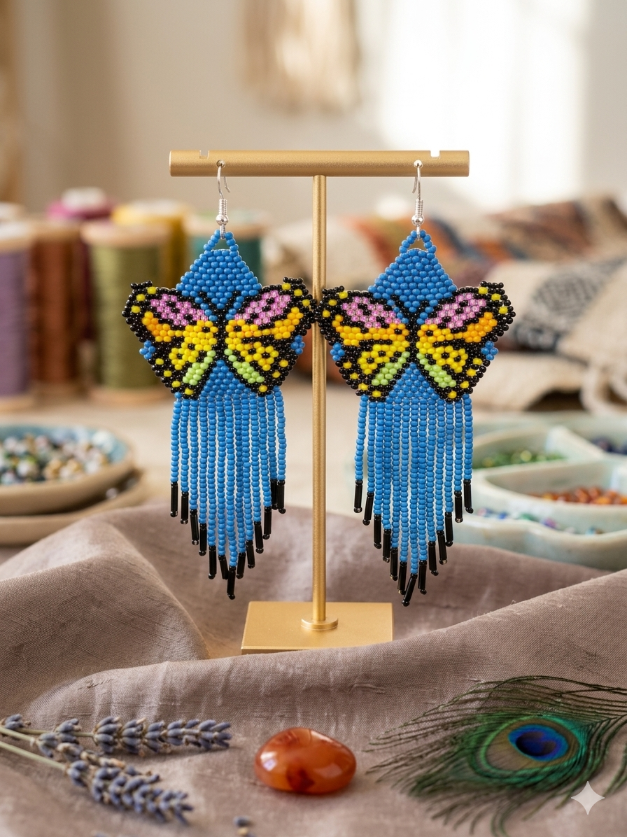 Blue Beaded Dancing Wing Earrings-3