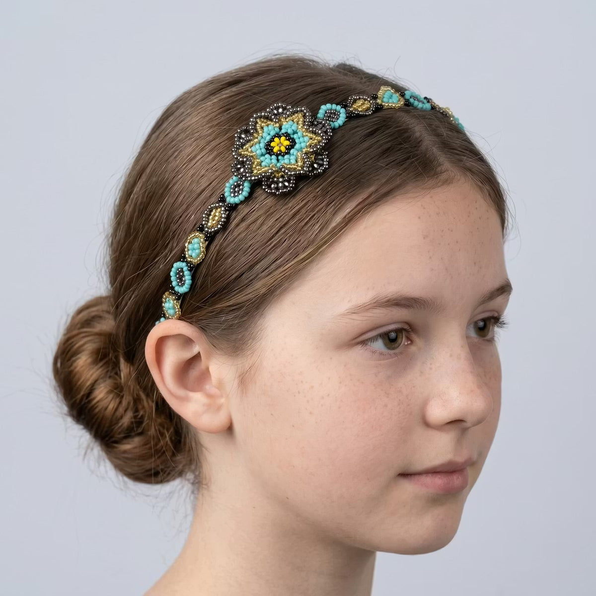 Beaded Headband with Flower Turquoise-3