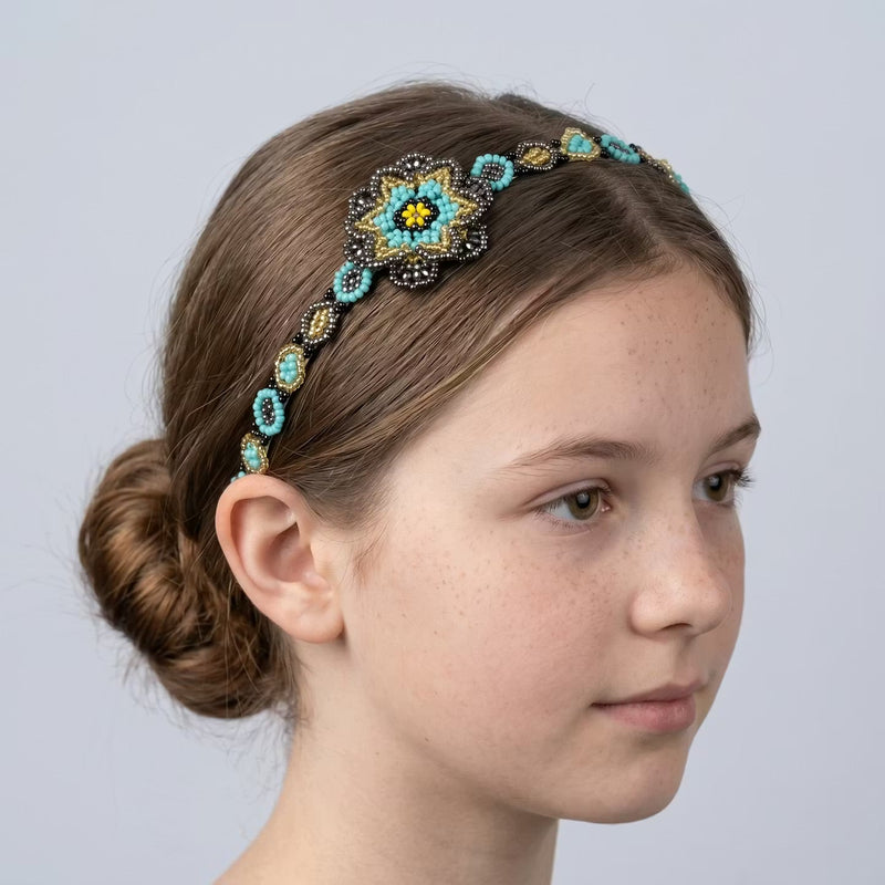 Beaded Headband with Flower Turquoise-3