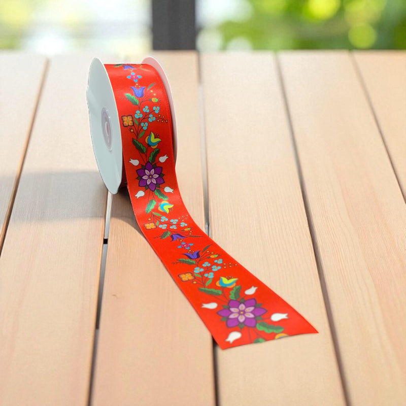 Red Double Face Floral Ribbon Roll-1