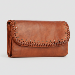 MET Women’s Leather Wallet. Tri-Fold Clutch Organizer with Studded and Whipstitch Detail-1