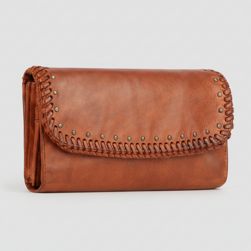 MET Women’s Leather Wallet. Tri-Fold Clutch Organizer with Studded and Whipstitch Detail-1
