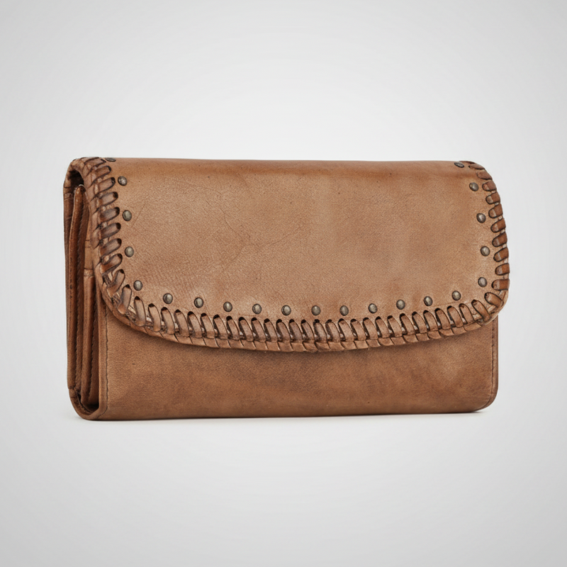MET Women’s Leather Wallet. Tri-Fold Clutch Organizer with Studded and Whipstitch Detail-4