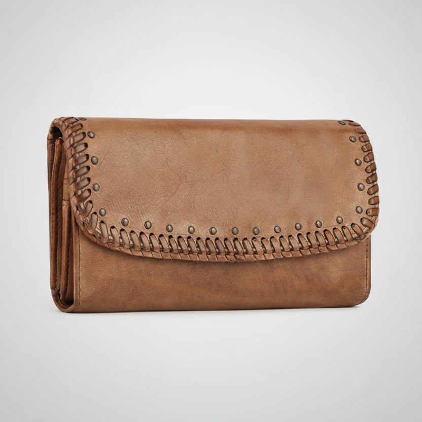 MET Women’s Leather Wallet. Tri-Fold Clutch Organizer with Studded and Whipstitch Detail-4